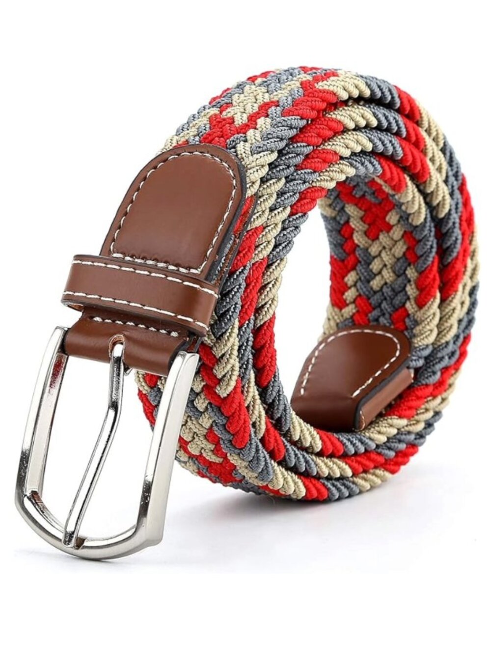 Men's Braided Canvas Woven Elastic Stretch Belt, Size L 36"-38", MULTICOLOR
